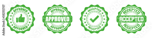 Set of green grunge seal stamps with approved and accepted. Like and tick icons stamp