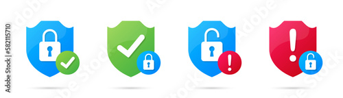 Set of security shields with lock icons with shadow