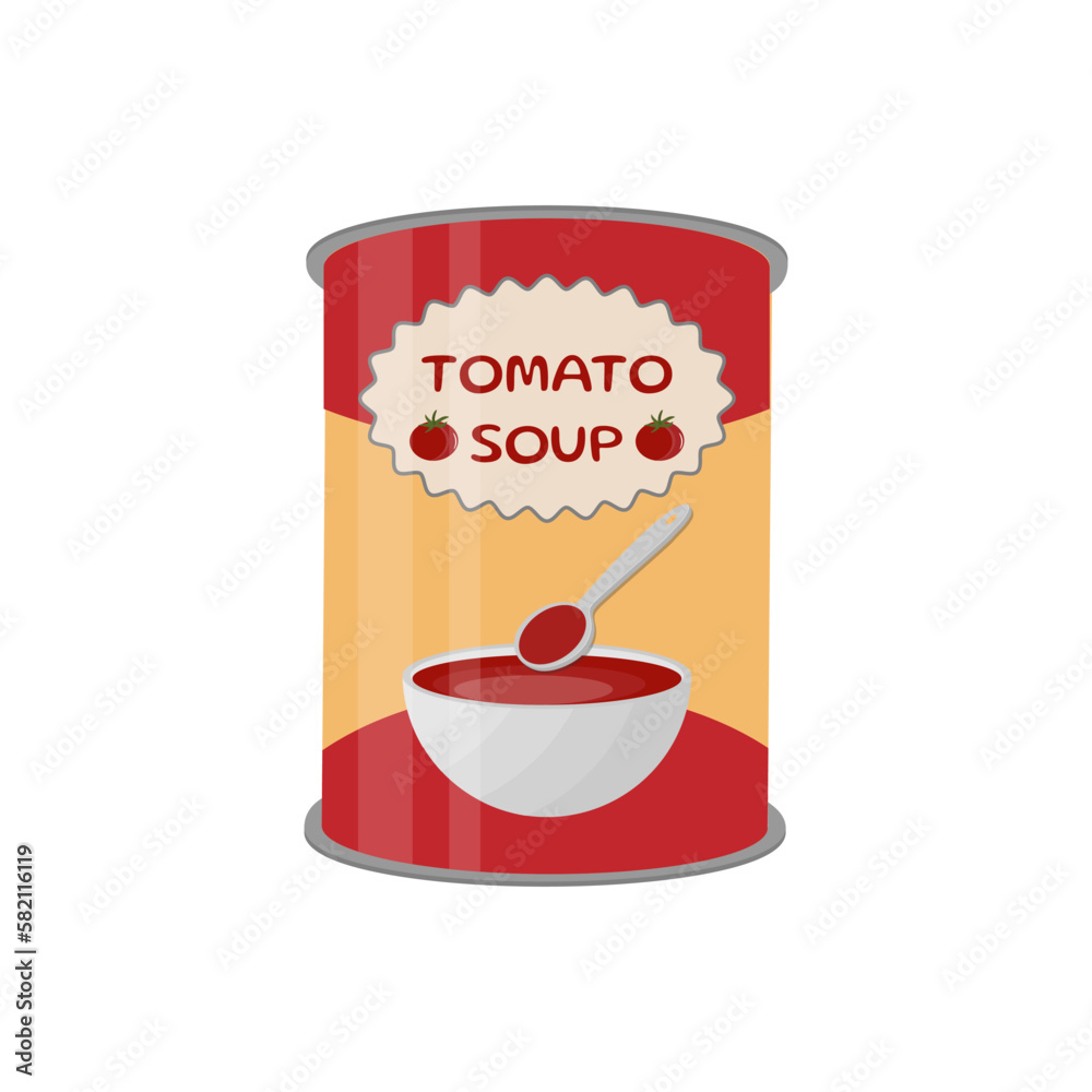 Can of condensed tomato soup. Vector flat color illustration. Isolated on white background