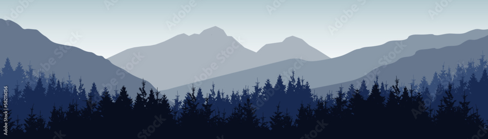 Fototapeta premium Adventure outdoor camping hiking climbing wildlife background - Green silhouette of fog mountains peak rock and forest woods fir spruce trees, realistic landscape panorama illustration icon vector.