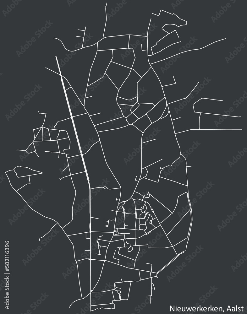 Detailed hand-drawn navigational urban street roads map of the NIEUWERKERKEN COMMUNE of the Belgian city of AALST, Belgium with vivid road lines and name tag on solid background