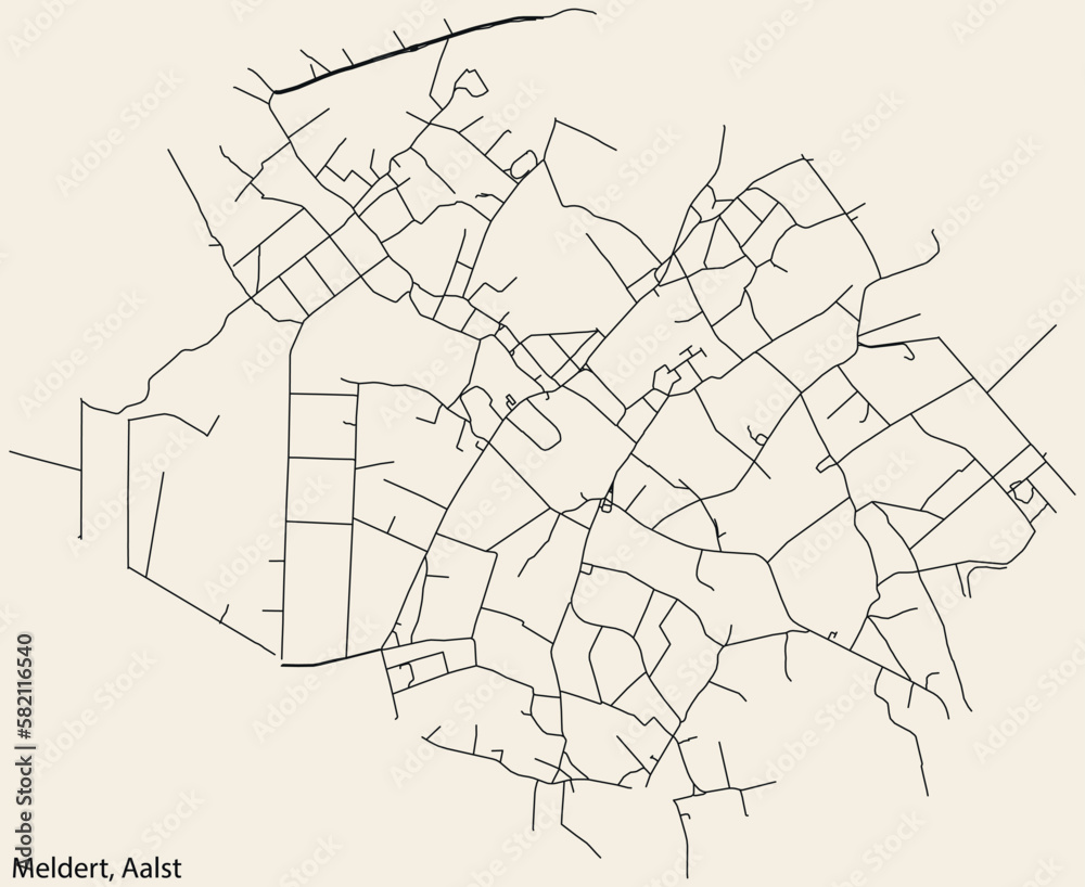 Detailed hand-drawn navigational urban street roads map of the MELDERT COMMUNE of the Belgian city of AALST, Belgium with vivid road lines and name tag on solid background