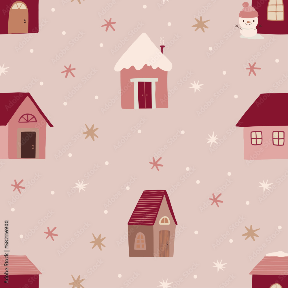 Fototapeta premium Cute boho winter vector pattern with houses