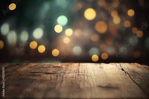 Background. Wooden surface, bokeh light in the background. AI generative.