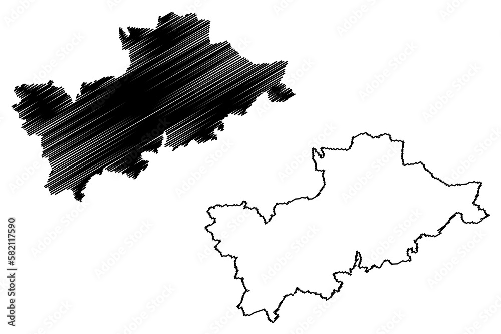 Mid Devon Non-metropolitan district (United Kingdom of Great Britain and Northern Ireland, ceremonial county Devon or Devonshire, England) map vector illustration, scribble sketch Tiverton map