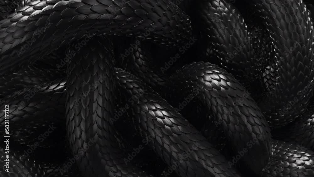 Metal texture dragon scales background. Lively coiled black snakes. 3D abstract background of intertlaced serpents. Close-up of reptile in motion.