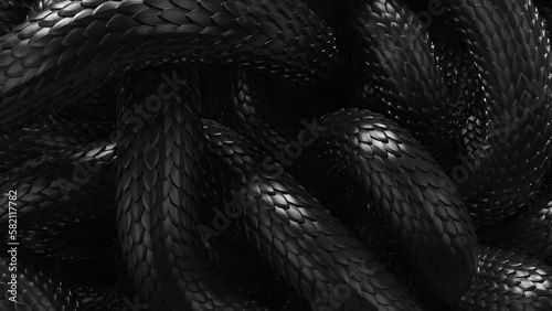 Metal texture dragon scales background. Lively coiled black snakes. 3D abstract background of intertlaced serpents. Close-up of reptile in motion.