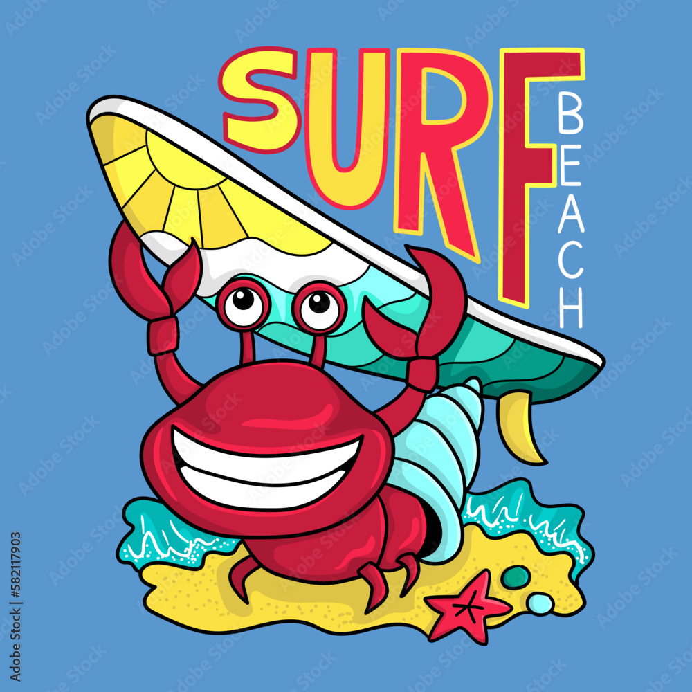 Illustration of a funny red crab carrying a surfboard ready to surf, design for t-shirt Illustration of a funny red crab carrying a surfboard ready to surf, design for t-shirt