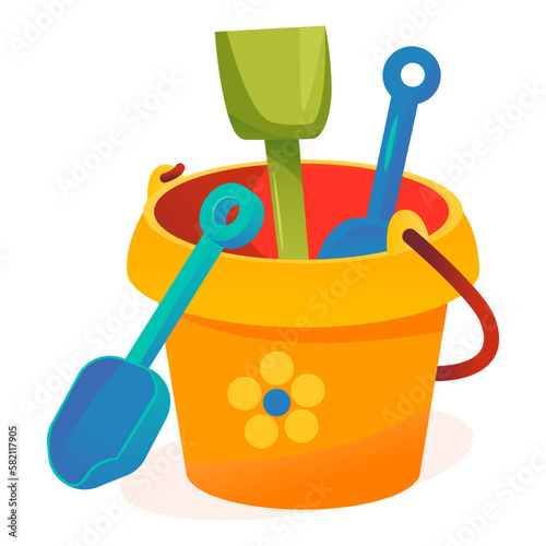 A baby bucket with shovels. A sandbox toy. Vector illustration in cartoon style.
