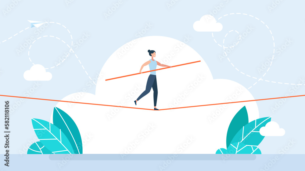 Business risk and professional strategy concept. Businesswoman walks over  gap as tightrope walker. Manage Business risk. Woman walking tightrope.  Funambulist. Balance-master. Vector illustration Stock Vector