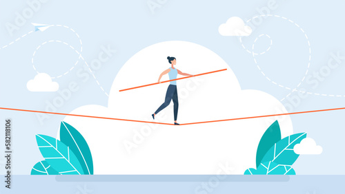 Business risk and professional strategy concept. Businesswoman walks over gap as tightrope walker. Manage Business risk. Woman walking tightrope. Funambulist. Balance-master. Vector illustration