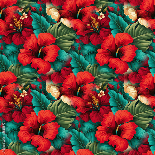 Tropical floral red hibiscus flower, turquoise and green palm leaves seamless pattern, floral background. Exotic jungle wallpaper. Digital illustration.