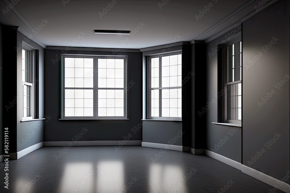 dark empty office room with clic interior and bay window, created with