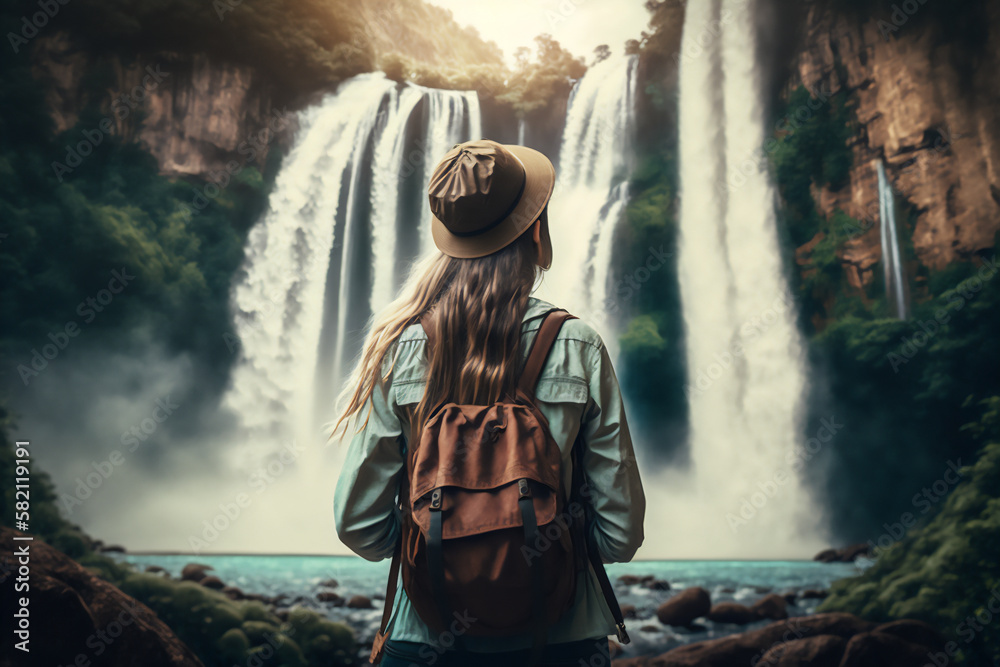 View from back of a young woman standing in front of a waterfall in the forest in a travel lifestyle. Generative AI