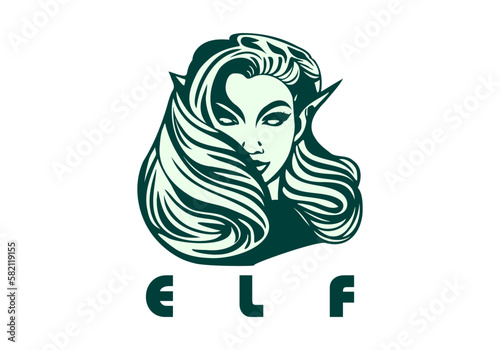 Vector green logo. Portrait of a beautiful pleasant elf girl. Sticker, icon or emblem. White isolated background.