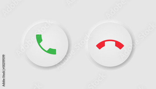 Answer and decline icons in neumorphism style. Icons for business, white UI, UX. Call symbol. Green call out, red hang up buttons, hang phone. Neumorphic style. Vector illustration.