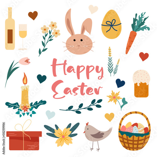 Easter spring set with cute eggs  birds  flowers  gifts  and a basket. Hand-drawn flat cartoon elements.