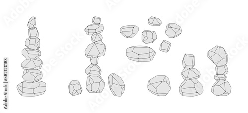 Japanese board game Tumi ishi. Vector illustration on a white background. Wooden polygonal stones for the construction of a high tower. Wooden blocks in a row. Japanese board game meditation