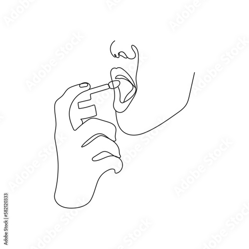 Womans hand using mouth spray for sore throat infection treatment or fresh breathing. Healthcare and medical concept. Hand drawn vector illustration.