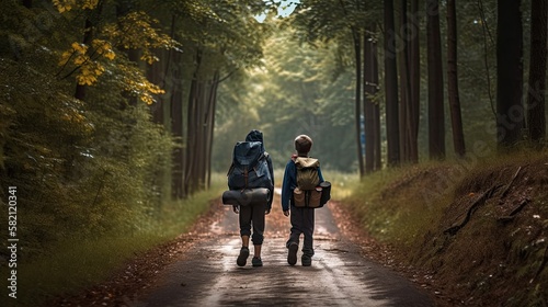 Boys on a forest road with backpacks seen from behind