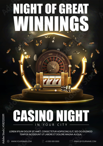 Casino night, black poster with casino roulette wheel with black playing cards, slot machine, dice and chips on podium with gold neon ring on background