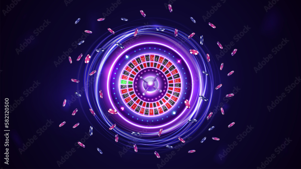 Pink and blue rotate neon Casino Roulette wheel with poker chips, digital casino element Pink and blue rotate neon Casino Roulette wheel with poker chips, digital casino element