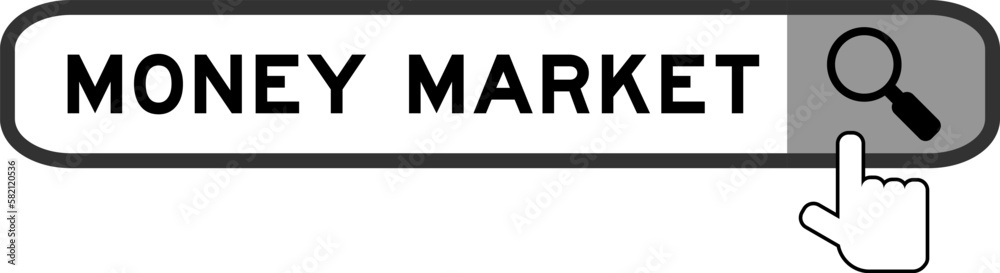 Search banner in word money market with hand over magnifier icon on white background Search banner in word money market with hand over magnifier icon on white background