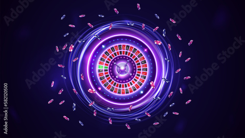 Pink and blue rotate neon Casino Roulette wheel with poker chips, digital casino element