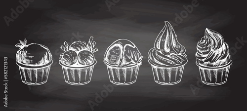 Hand-drawn sketch of ice cream balls, frozen yoghurt or cupcakes in cups isolated on chalkboard background, white drawing. Set. Vector vintage engraved illustration.