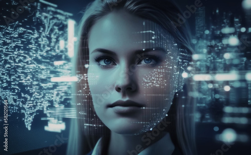 Woman with holographic information around her face. Concept of futuristic work place, design and development. Illustrative Generative AI. Not a real person.
