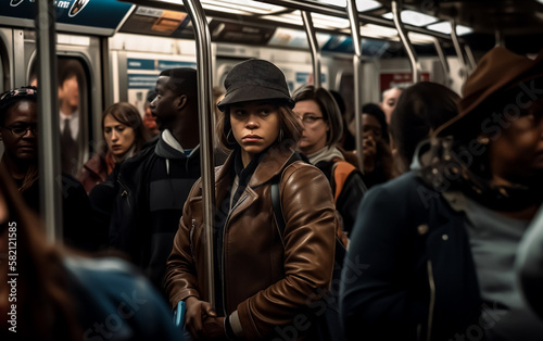 Young African American girl riding the subway during rush hour. Lifestyle concepts about New York. Shallow field of view. Illustrative Generative AI. Not a real person.