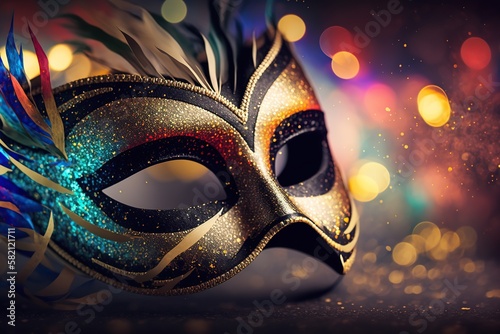 Carnival mask on colorful blur party background. Ai. Masquerade bokeh background