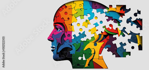 Human head profile and jigsaw puzzle, cognitive psychology or psychotherapy concept, mental health, brain problem, personality disorder, vector line design,  Created using generative AI tools. photo