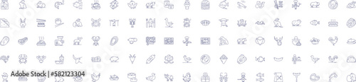 Meat line icons signs set. Design collection of Pork, Beef, Mutton, Venison, Lamb, Sausage, Bacon, Chicken outline concept vector illustrations