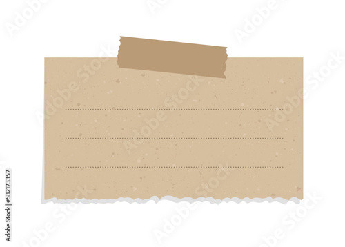 Taped vintage brown torn paper illustration template. Recycled memo note paper with adhesive tape.