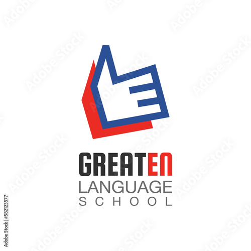 English language school logo design. Concept of Thumbs up hand shape like speech bubble. Vector illustration of English language school/lesson/course logo