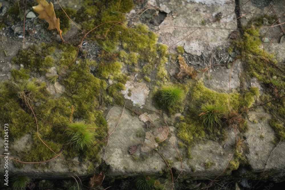 A cracked and weathered concrete texture with moss and weeds Generative AI