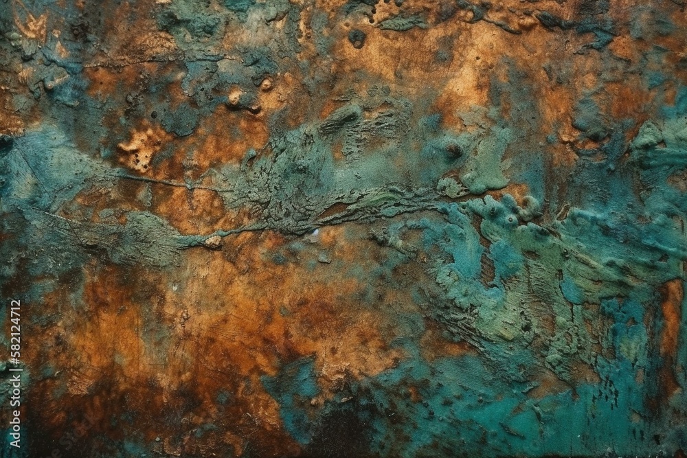 A tarnished copper texture with green patina and stains, texture, background Generative AI