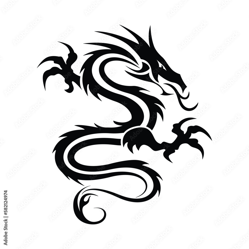 Naklejka premium Dragon vector tattoo. Black pattern on a white background. 