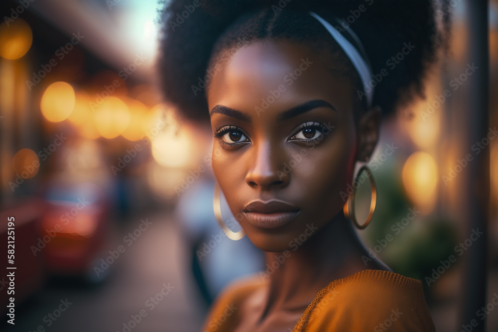 Portrait of young black woman posing outdoors in the evening, selective focus, Created using generative AI tools. Portrait of young black woman posing outdoors in the evening, selective focus, Created using generative AI tools.