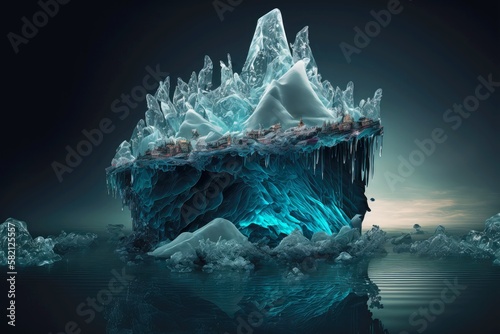 beaful floating iceberg with crystals of ice on top in dark ocean, created with generative ai photo