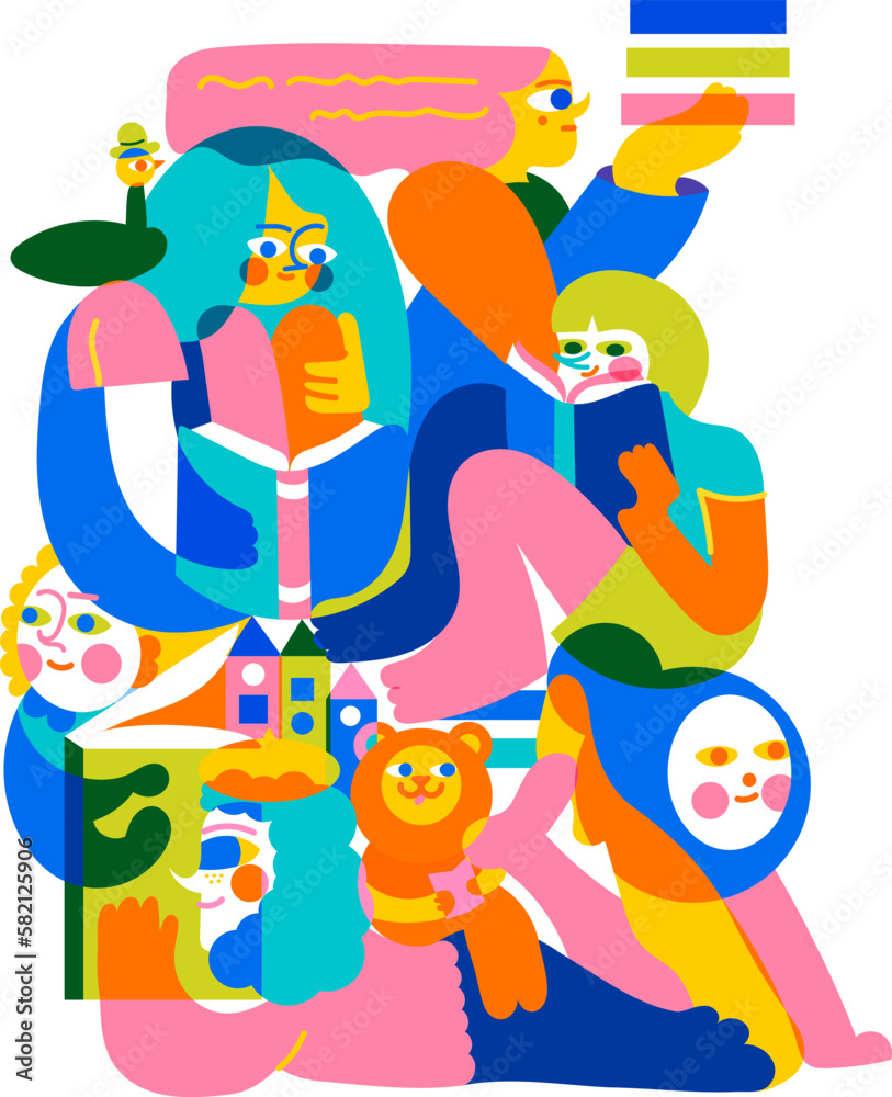 Obraz premium An amazing illustration with mythical creatures that seem to emerge from the fictional, fairy-tale world written by the author and surround the reading people. Perfect for a book festival or market