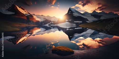 View the sunrise over the Bernese range with stunning peaks like Eiger and Jungfrau above Bachalpsee lake, in Grindelwald valley, Switzerland, Generative AI