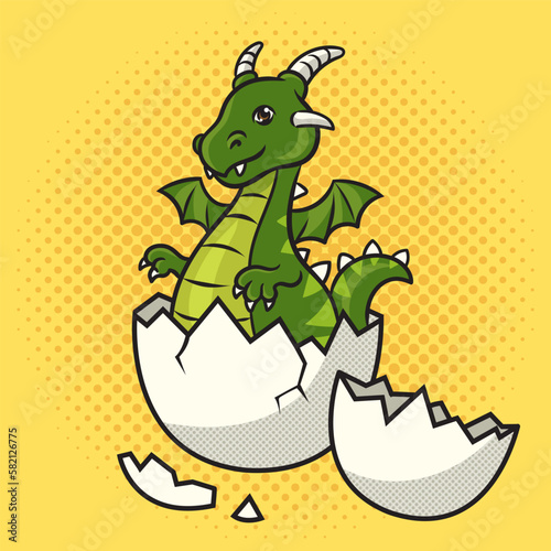 dragon hatched from egg pinup pop art retro vector illustration. Comic book style imitation.
