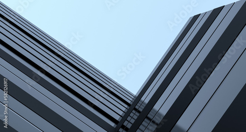 Architectural design of the building. A dark building with a reflective surface against the sky, looking up. Building, architecture wallpaper. Design of the construction. 3D render.
