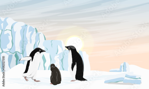 A family of Ad  lie penguins with a chick are standing on the ocean near a large glacier. Birds of the South Poles. Realistic vector landscape