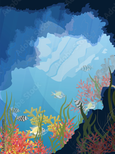 Underwater cave with green algae, corals, tropical fish and other sea creatures. coral reef. Realistic vector vertical underwater landscape