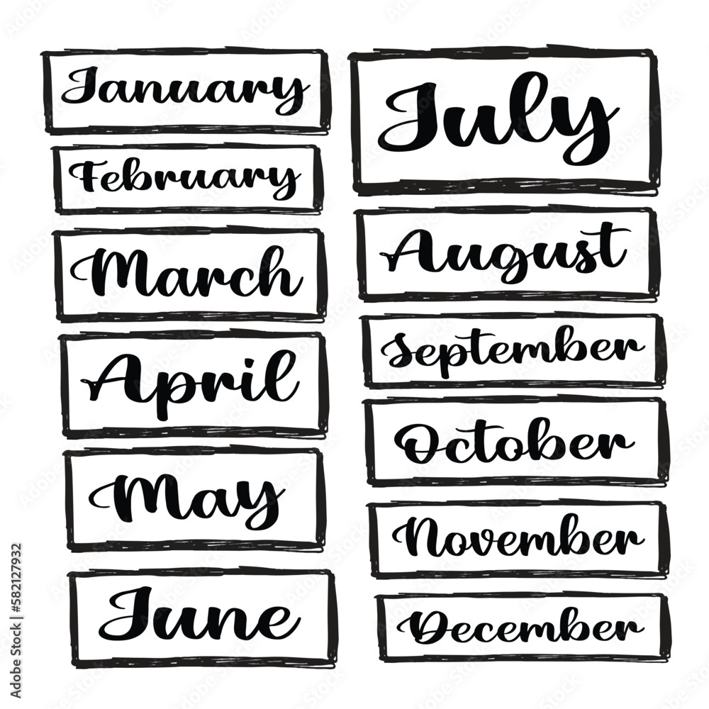Fototapeta premium Set of hand drawn typography of months on a white background. Month hand made typography / calligraphy EPS Vector 