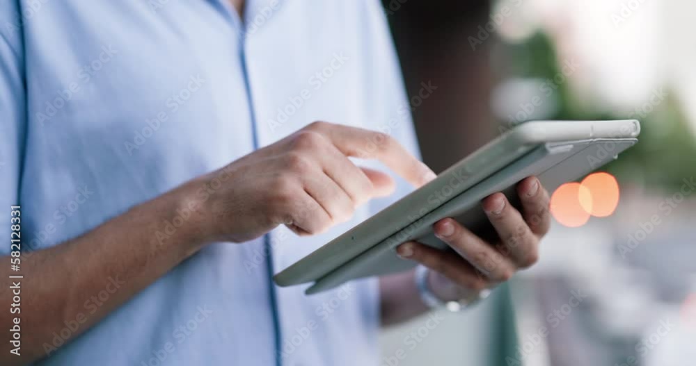 Hands, tablet and gps with a man in the city, online to search for directions to a location or destination. Internet, map and travel with a male tourist searching for a street address in town
