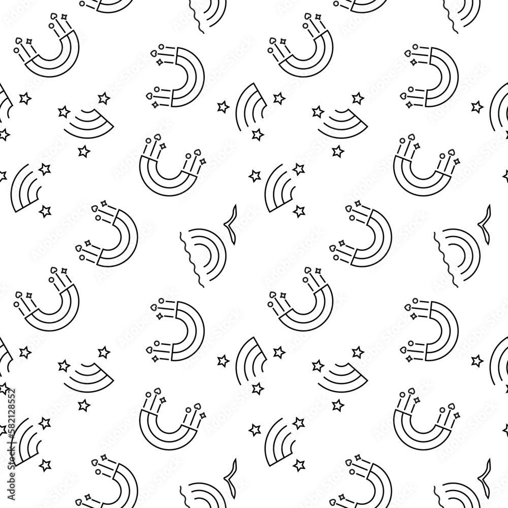 Monochrome vector seamless pattern of rainbows with souvenirs and bird over sea for web sites and polygraphy Monochrome vector seamless pattern of rainbows with souvenirs and bird over sea for web sites and polygraphy